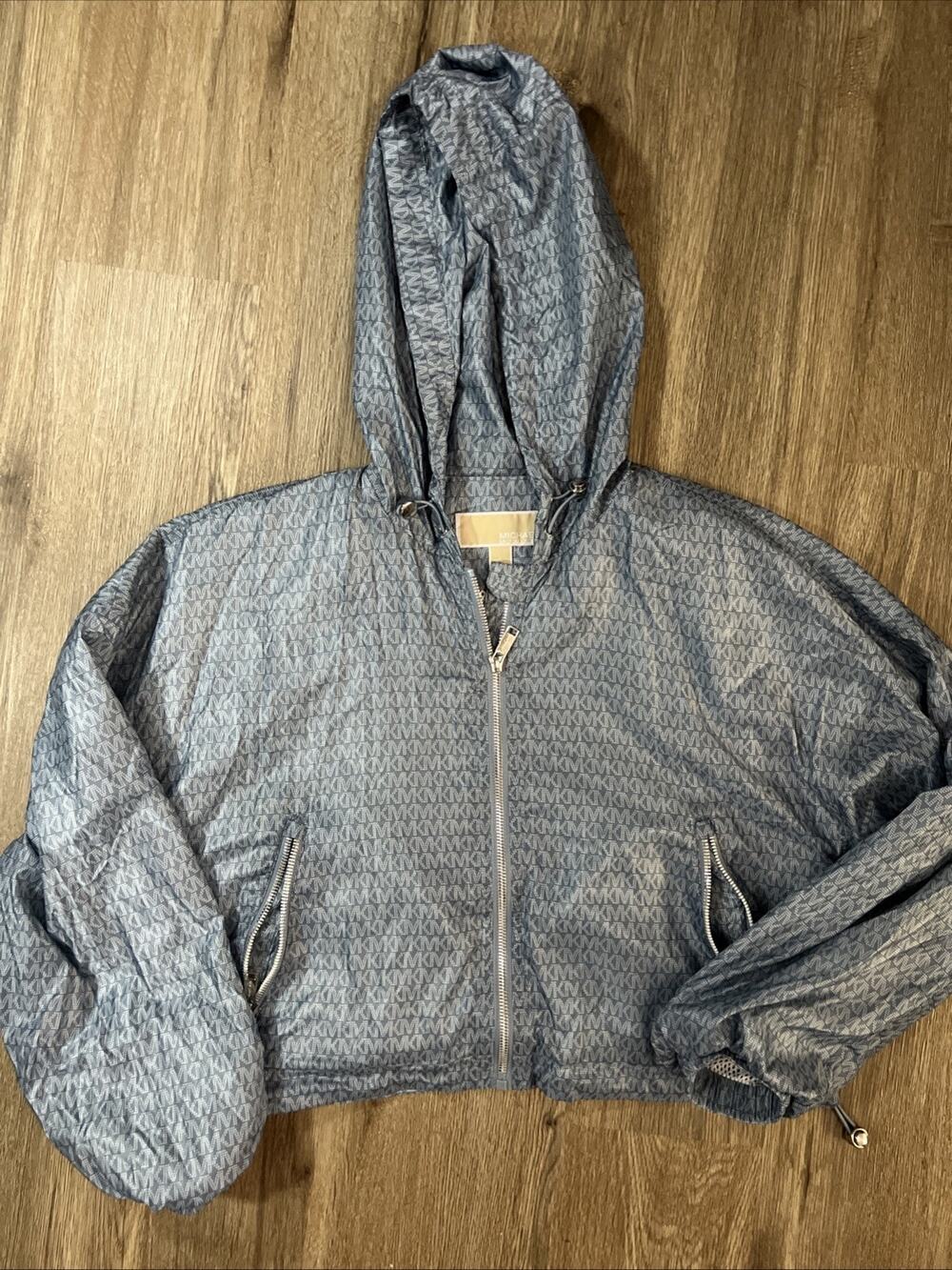 Michael Kors Logo Satin Ciré Cropped Windbreaker Jacket Sz S Light Blue